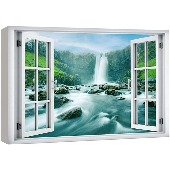 wall26 Canvas Print Wall Art Window View Icelandic Waterfall Forest Rapid River Wilderness Nature Photography Realism Scenic Landscape Colorful Multicolor for Living Room, Bedroom, Office - 24"x