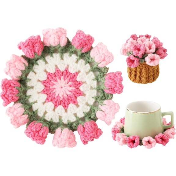 Flower Crochet Coasters, Handmade Bouquet Blanket Coaster with Crochet Plant Pot Fun Soft Decorative Drink Coasters for Coffee Tabletop Protection and Home Decor