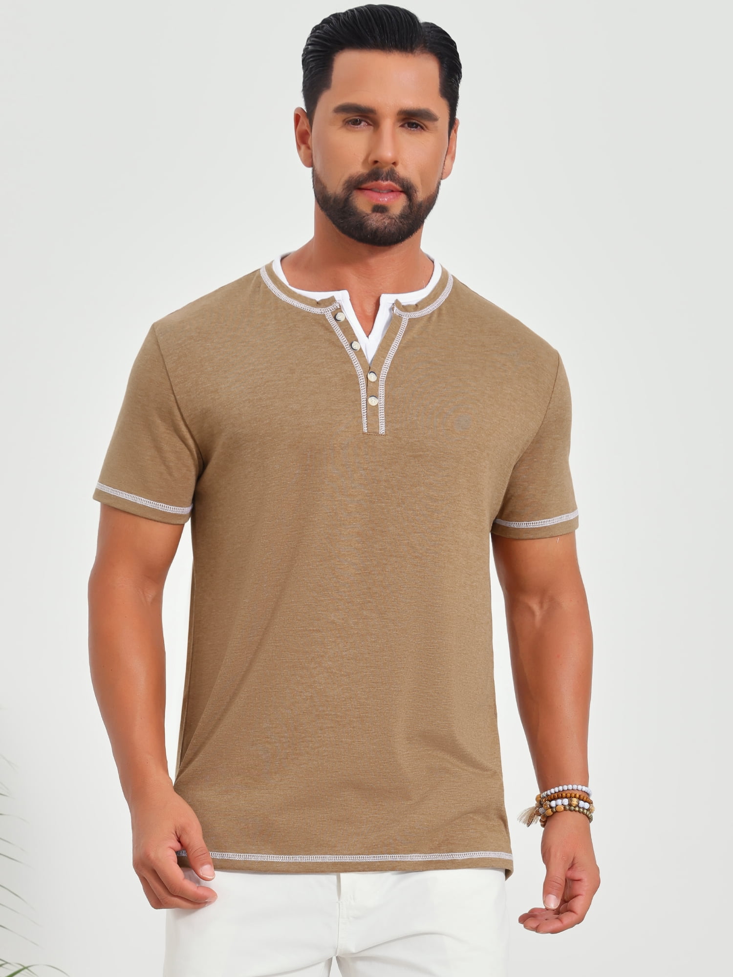 DARING DIVA Men's Henley V-Neck Colorblock Button Down Short Sleeve T-Shirt 2XL Khaki