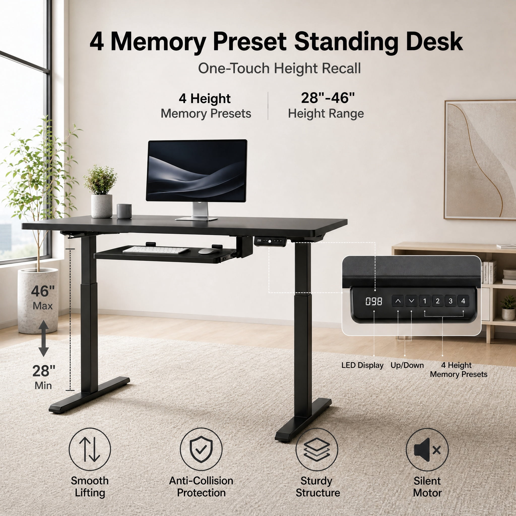 55" x 24" Electric Standing Desk with Keyboard Tray, Height Adjustable Sit Stand up Desk with Headphone Hook & 4 Height Memory Pre-Set for Home Office, Black