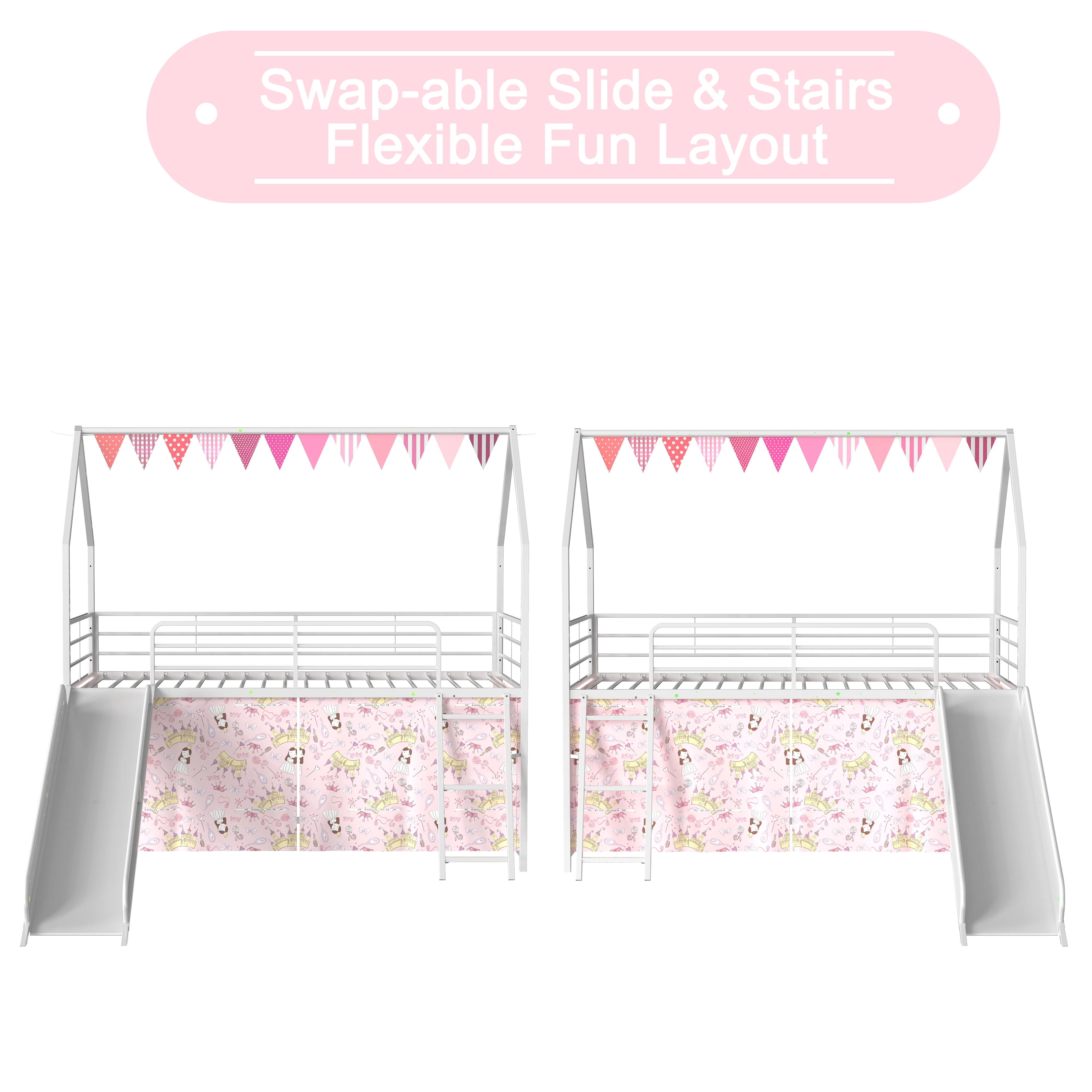 Miniyam Kids Twin Loft Bed with Slide and Curtain, House-Shaped Metal Frame Bunk with Guardrails, Ladder, Pink