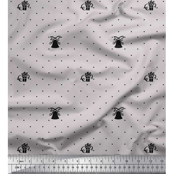 Soimoi Gray Rayon Fabric Gift Box & Bell Dots Print Sewing Fabric Yard 42 Inch Wide