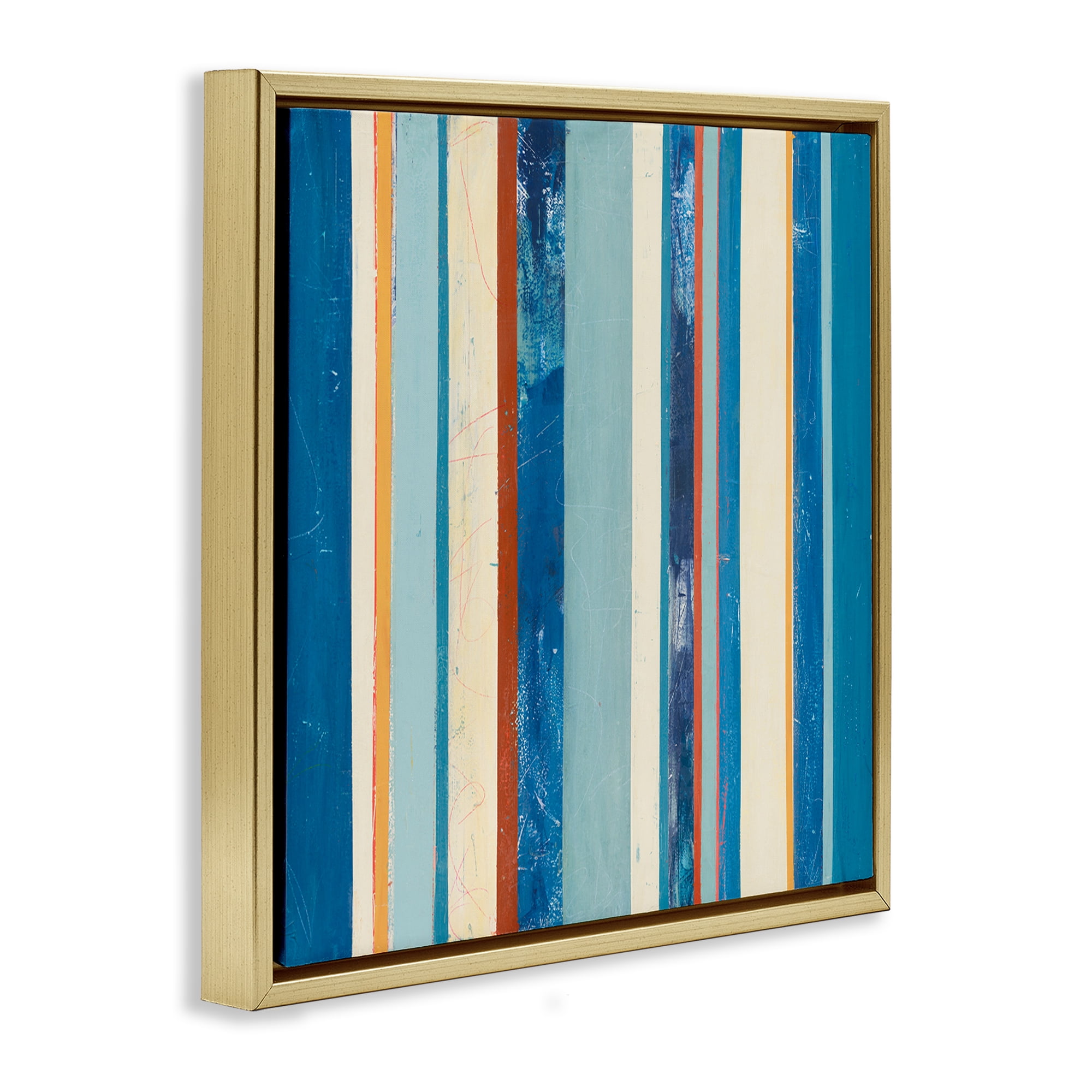 Stupell Industries Distressed Blue Stripes Abstract Painting Gold Floater Framed Canvas Art Print Wall Art, 18 x 18