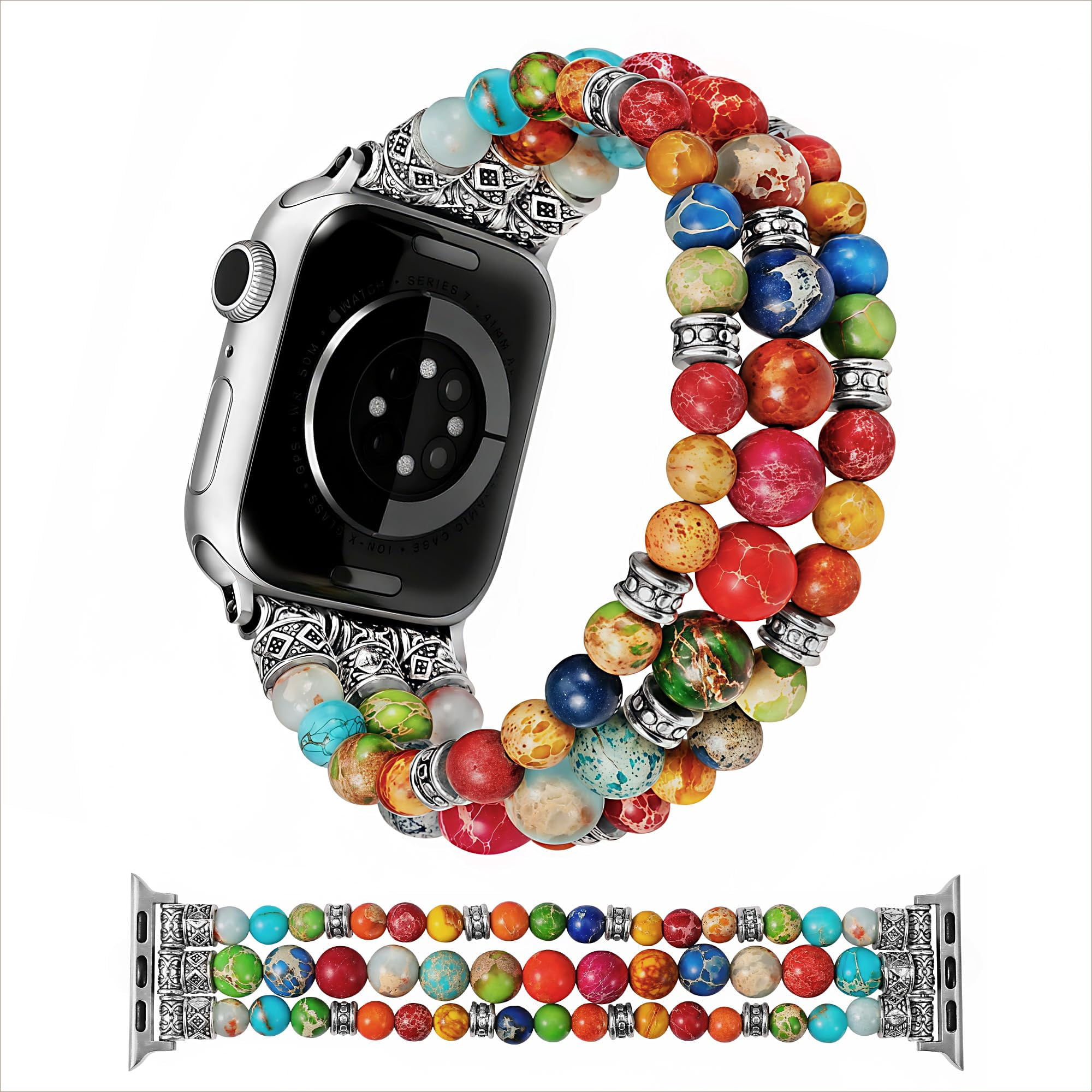 Wearlizer Natural Stone Strap Compatible with Apple Watch Band for Women 38/40/41/42/44/45/46/49mm, Stretch Jasper Beaded Bracelet Band, Handmade Boho Elastic Strap for iWatch Series 11-1/Ultra