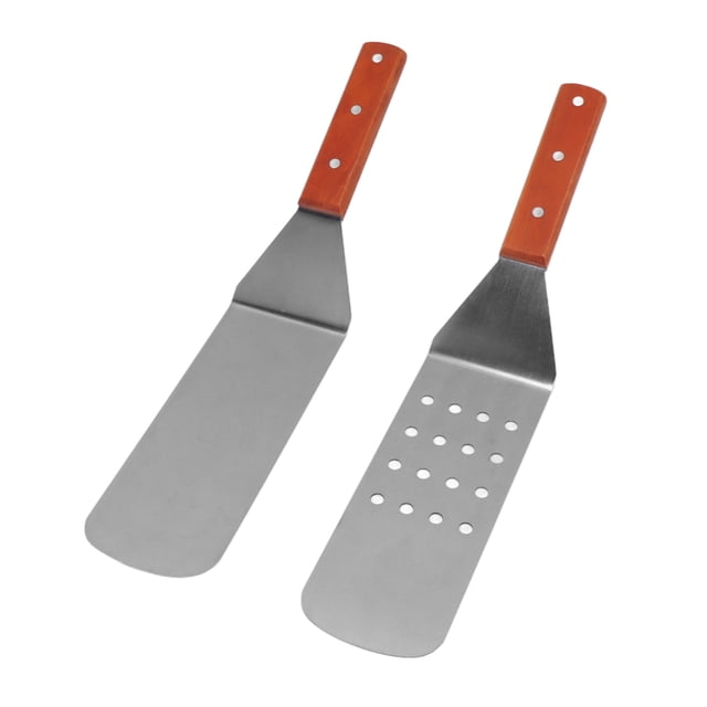 Juego de espátulas para parrilla de acero inoxidable con mango de madera, resistentes al calor, duraderas y fáciles de limpiar, perfectas para barbacoas y cocinas, estilos redondos,