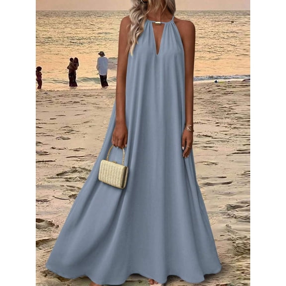 Blue Solid Halter Neck Maxi Dress For Women Summer Beach Vacation Flowy Loose Long Dress