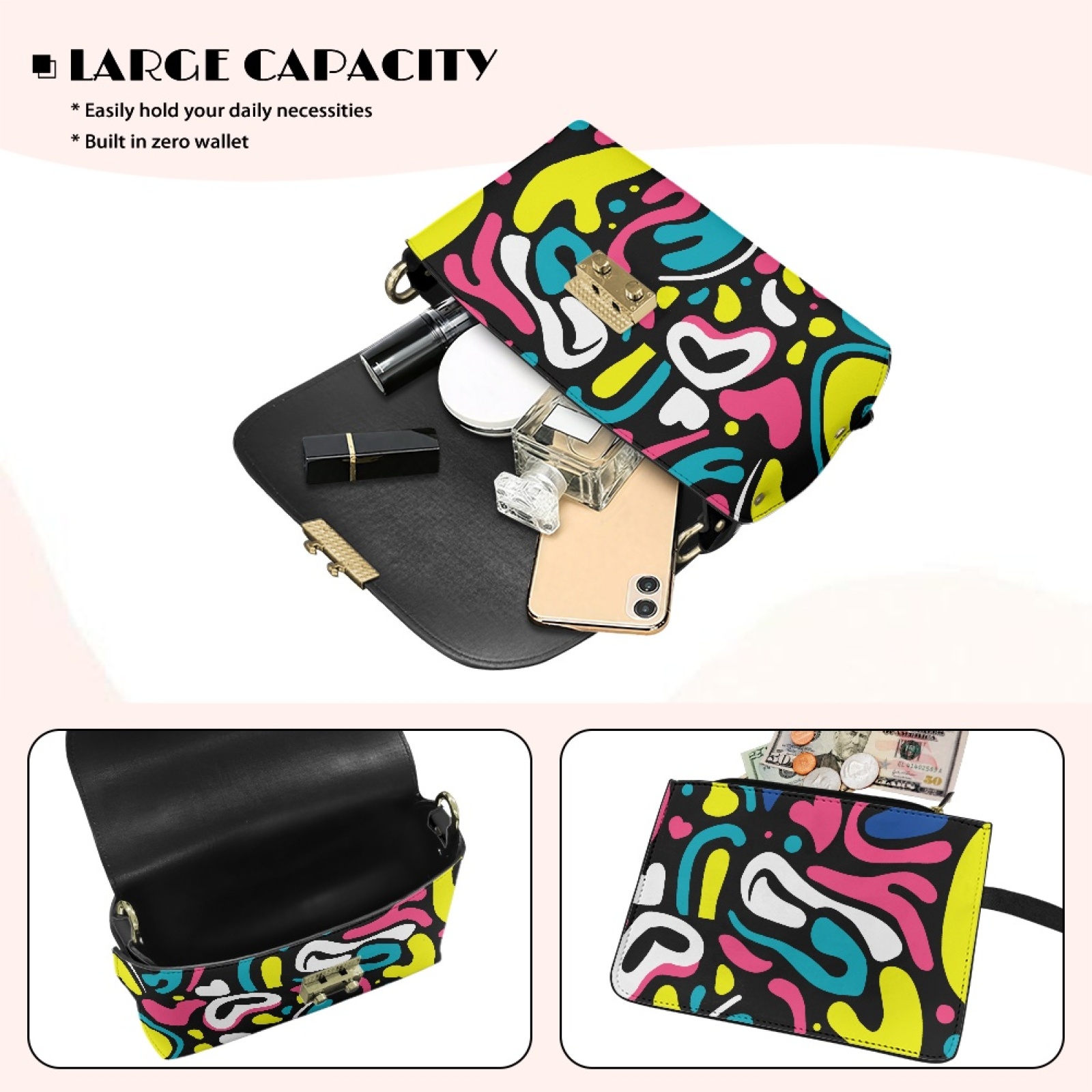 SCRAWLGOD Abstract Geometry Print Black Crossbody Bags for Women PU Leather Trendy Crossbody Handbags Stain Resistant Easy to Clean Shoulder Bag with Small Wallet Purse