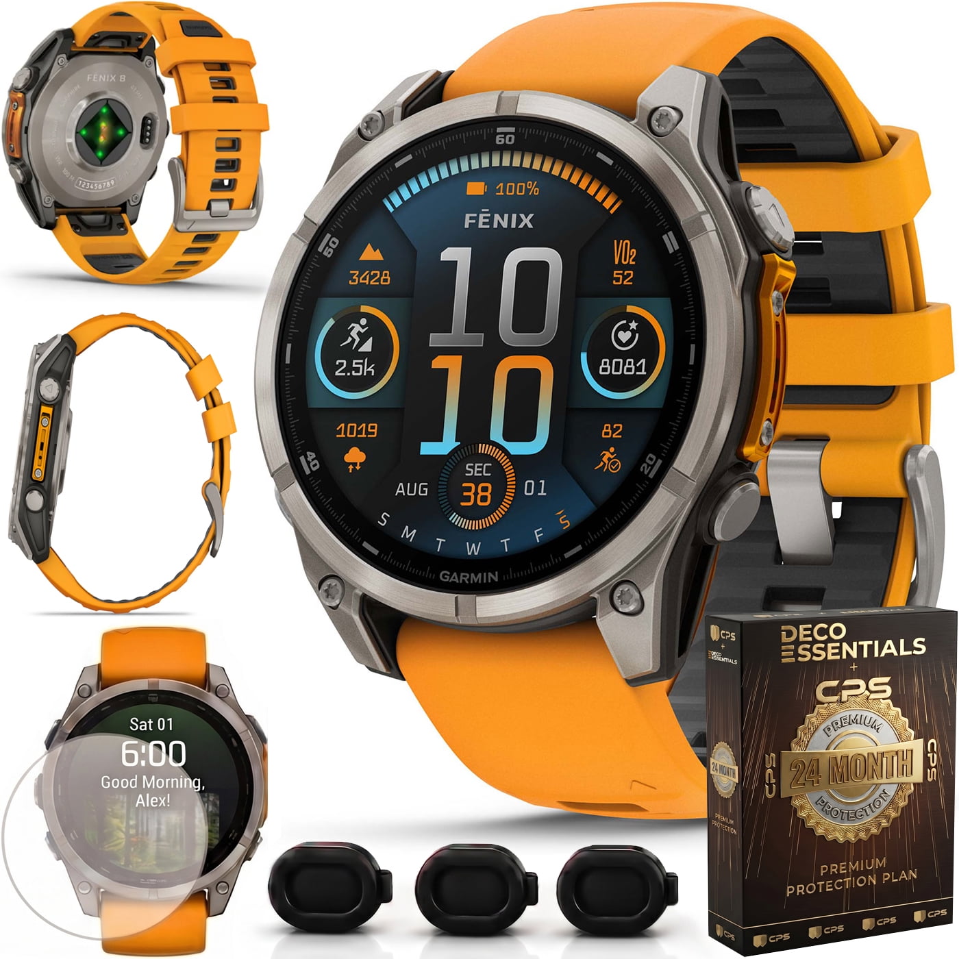 Garmin fenix 8 47mm AMOLED Sapphire Multisport GPS Smartwatch, Titanium with Spark Orange Silicone Band, 010-02904-10 - Bundle w/Deco Essentials 2-Year CPS Plan