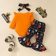 thumbnail image 4 of HWJAD Newborn Baby Girl Halloween Bell Bottom Outfit Ruffle Romper Cute Pumpkin Ghost Flare Pants Set Headband Clothes, 4 of 9
