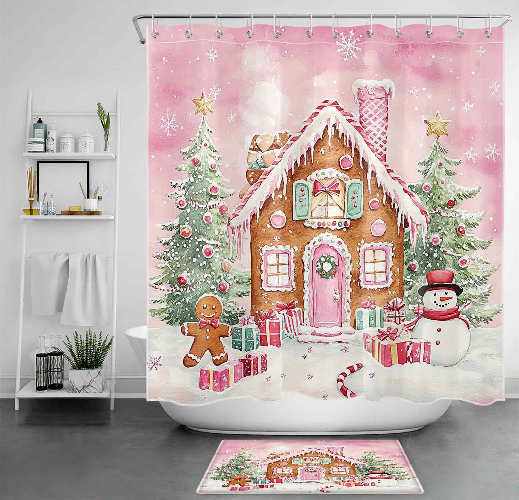 NEONWE Pink Christmas Gingerbread House Shower Curtain Christmas Trees Winter Cute Candy Snowman Bathroom Shower Curtain Decor Polyester Waterproof Fabric with 12 Pack Plastic Hook 72" X 72"