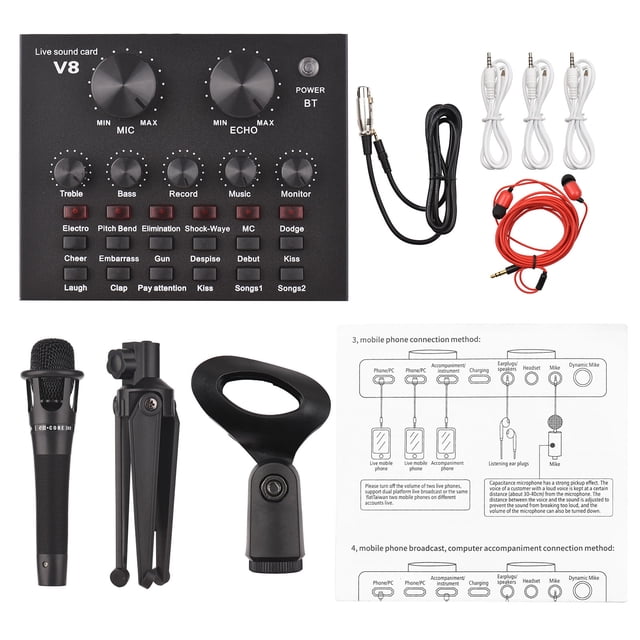 V8 Carte de Son Externe pour Diffusion en Direct, Ensemble de Microphone, Mini Carte de Mélange de Son pour Diffusion en Direct Karaoké
