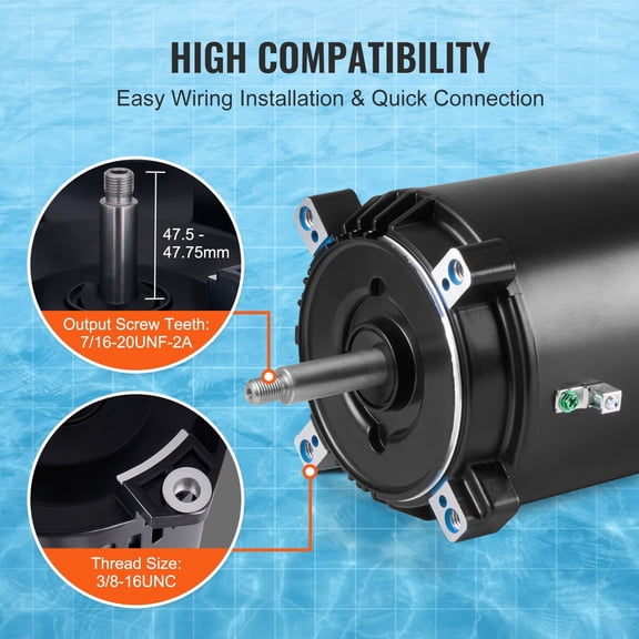 High-Efficiency 1 HP Pool Pump Replacement Motor, 56J Frame, 115V/230V, 3450 RPM, 90μF/250V Capacitor
