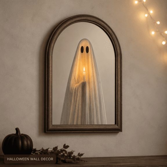 Halloween Light Up Ghost Mirror Decor, Gold Arched Frame, USB Plug-In Luminous Candlelit Scene, Plastic Tabletop Accent for Mantel, Shelf and Entryway Displays