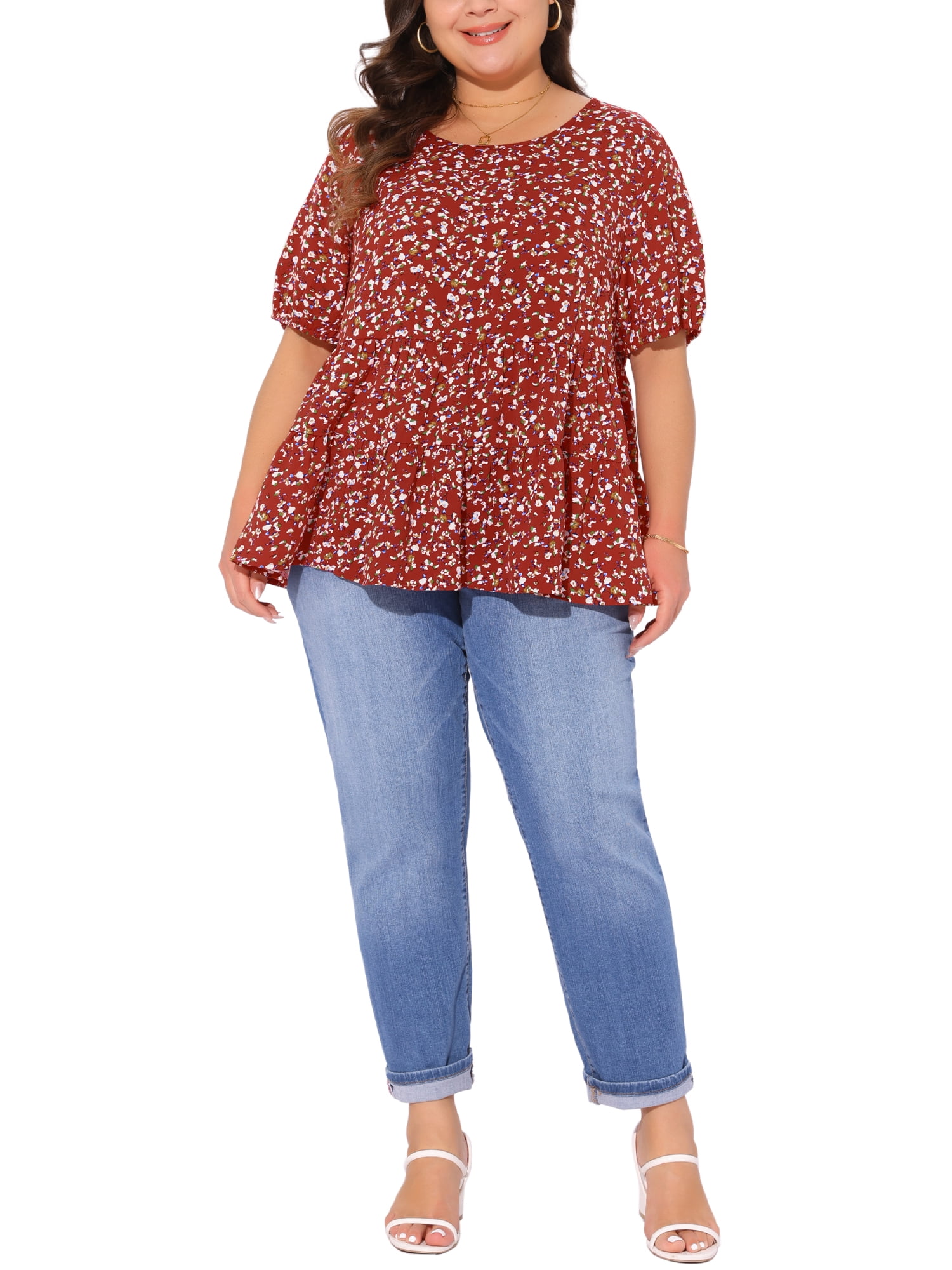 DARING DIVA Women's Plus Short Sleeve Crew Neck Casual Babydoll Top 3X Red