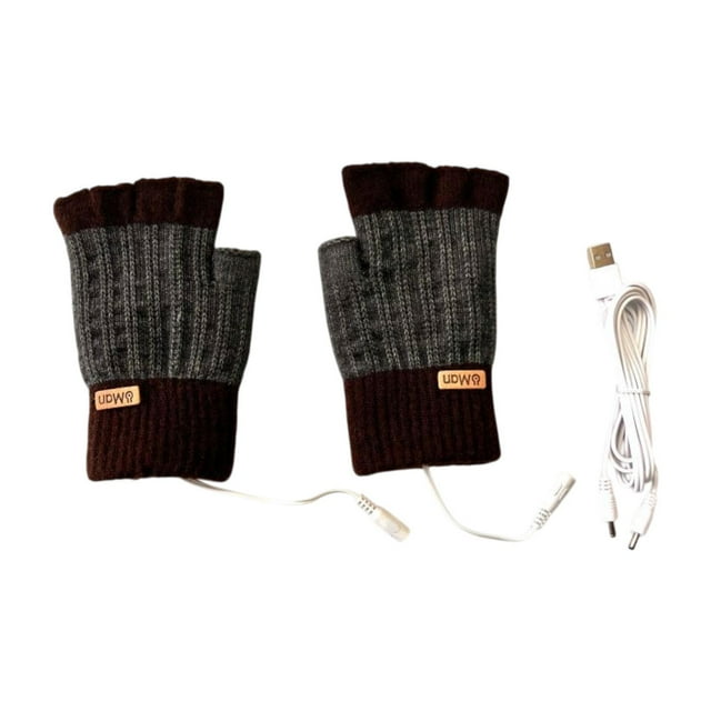 Guantes USB calentados de media palma de doble cara y espalda calefacción de clima frío Café