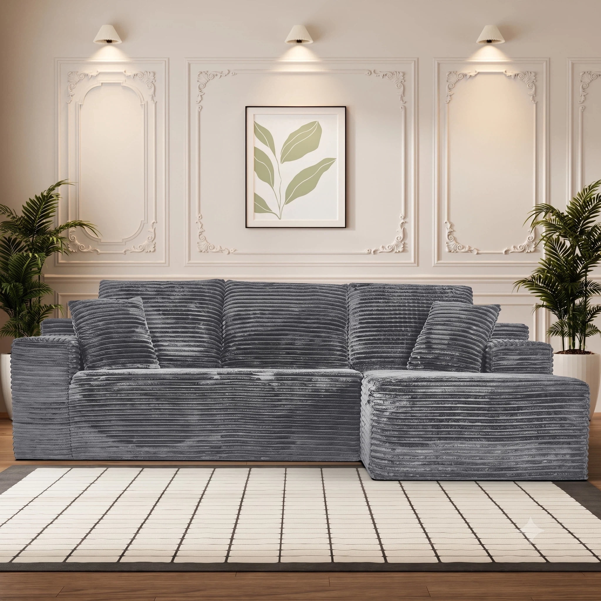 AISWORD 107.5" Corduroy Boneless L Shaped Modular Sectional Sofa with Right Facing Chaise, Deep Seat Compressed Couch with Throw Pillows, No Assembly Required, Gray