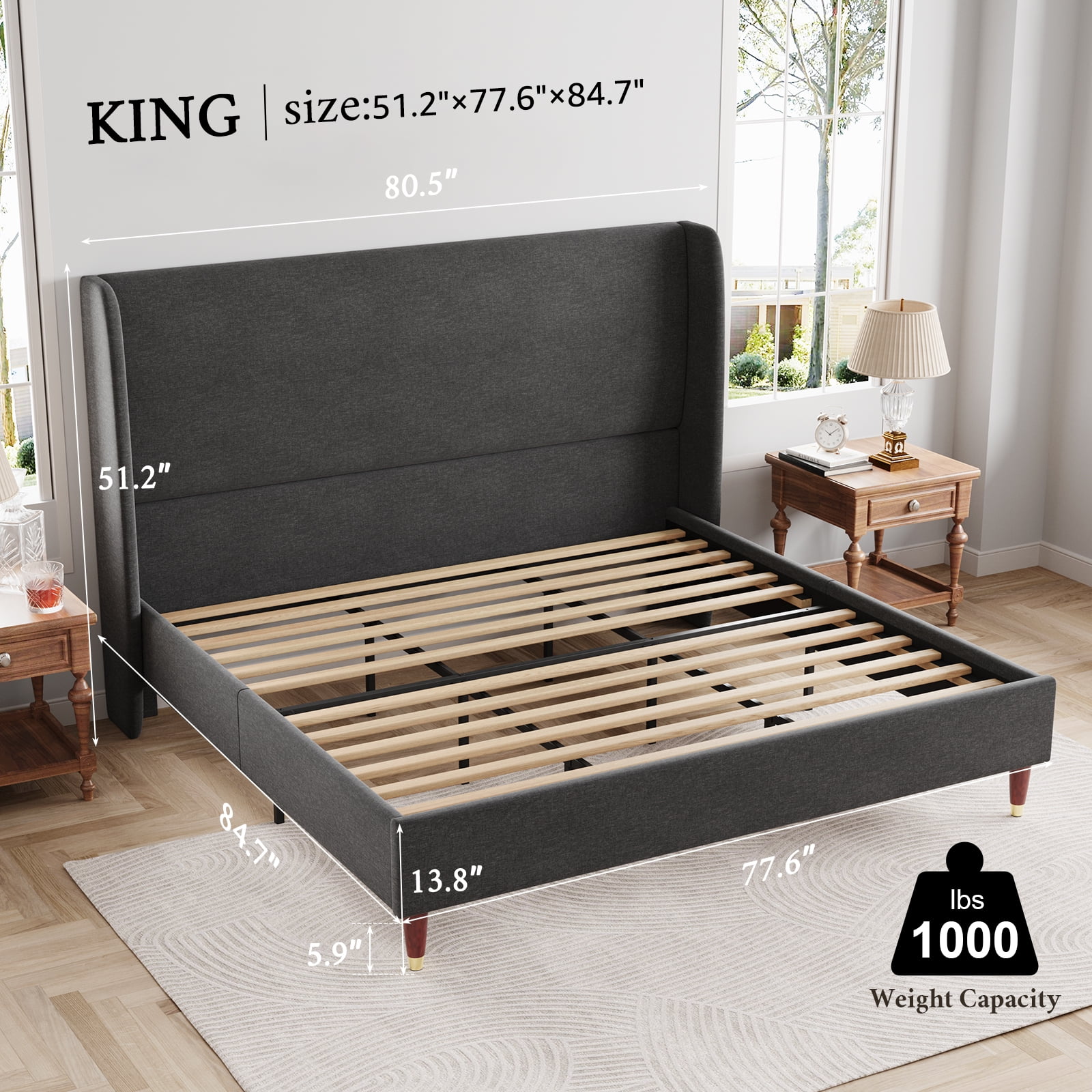 Merluxy 51.2" King Bed Frame with High Headboard,Upholstered Bed,Dark Grey