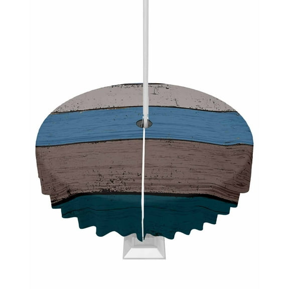 nqOlkjepod Blue Wooden Outdoor Tablecloth with Umbrella Hole & Zipper, Grey Stripe Gradient Country Rustic Grain Round Table Cover 54 Inch, Dining Waterproof Table Cloth Protector for Patio/Party