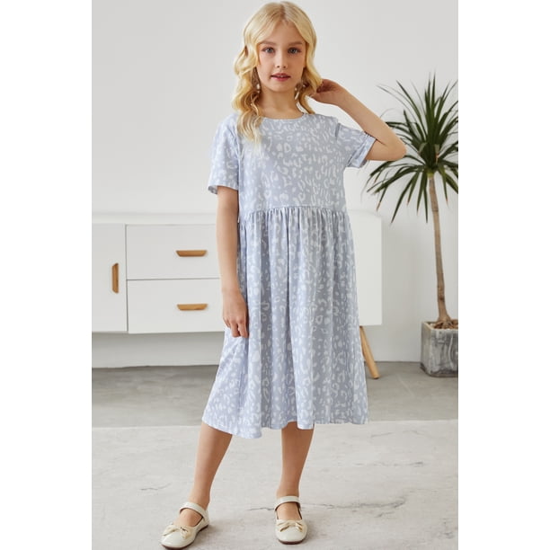 ABPHQTO Vestido midi de cintura alta con cuello redondo y estampado de leopardo para niña gris para mujer