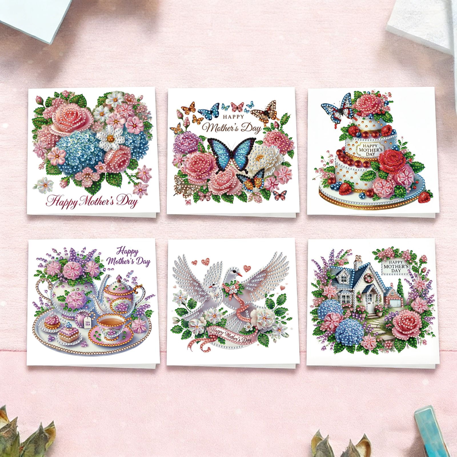 FLOPESN DIY Mother's Day Diamond Art Greeting Card Kit with White Envelope, 5.91X11.81in Flowers Theme, Creative Design Blessing Gift Folding Card Set