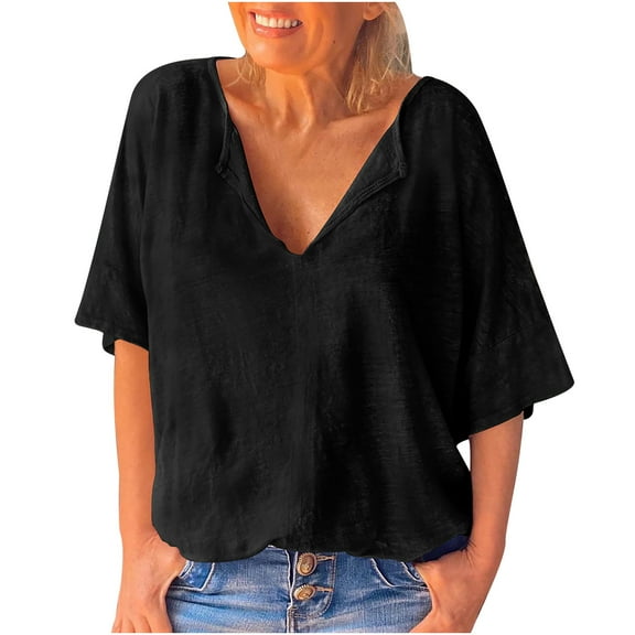 Inkach Women Plus Size V-Neck Pullover Short Sleeve Cotton And Linen T-Shirt Blouse
