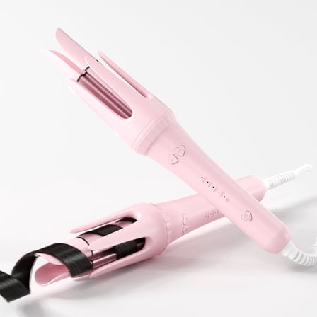 Automatic Rotating Curler Beach Waves Hair Curling Iron, 1.25 Inch Ceramic Coated, 500M Ionic, Dual Voltage, Lightweight, Pink