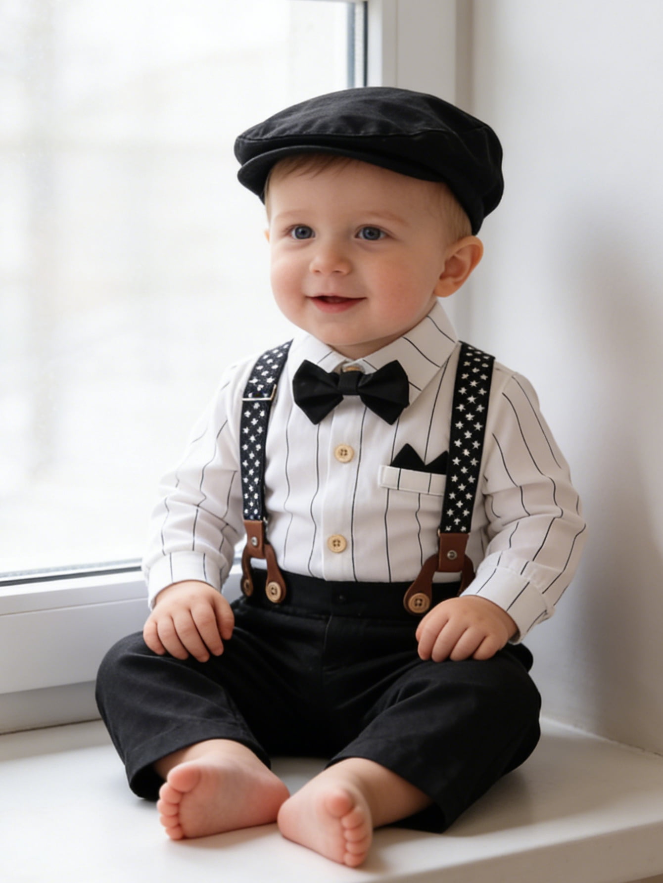 CARETOO Baby Boy Clothes Infant Formal Dress Outfit Set Romper Shirt Bowtie Beret Suspender Trousers 0-24M 4Pcs Church Wedding Baptism Suit Cotton Fabric