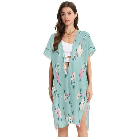 Stylish Women s Long Beach Cover-Up Swimwear Cover Ups Lightweight Resort Chic for Pool  Cruise Pink and Teal Floral Pattern