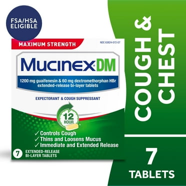 Mucinex DM 12 Hour Max Strength Expectorant & Cough Medicine, Excess Mucus Relief, FSA, 7 Tablets