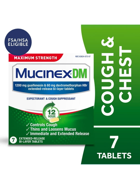 Mucinex DM 12 Hour Max Strength Expectorant & Cough Medicine, Excess Mucus Relief, FSA, 7 Tablets