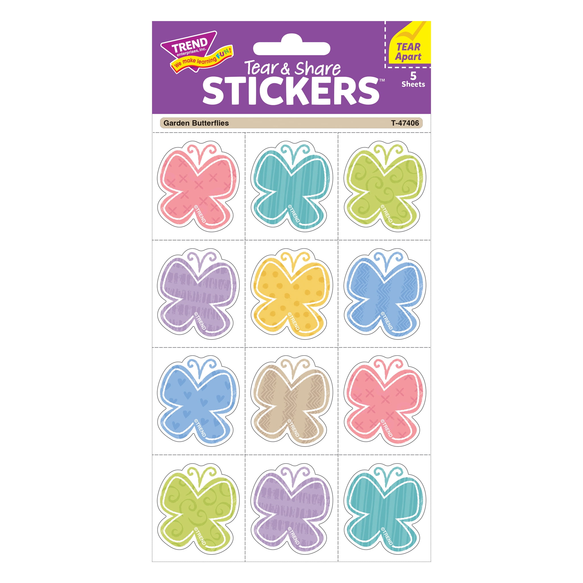 TREND Garden Butterflies Tear & Share Stickers, 60 Per Pack, 6 Packs