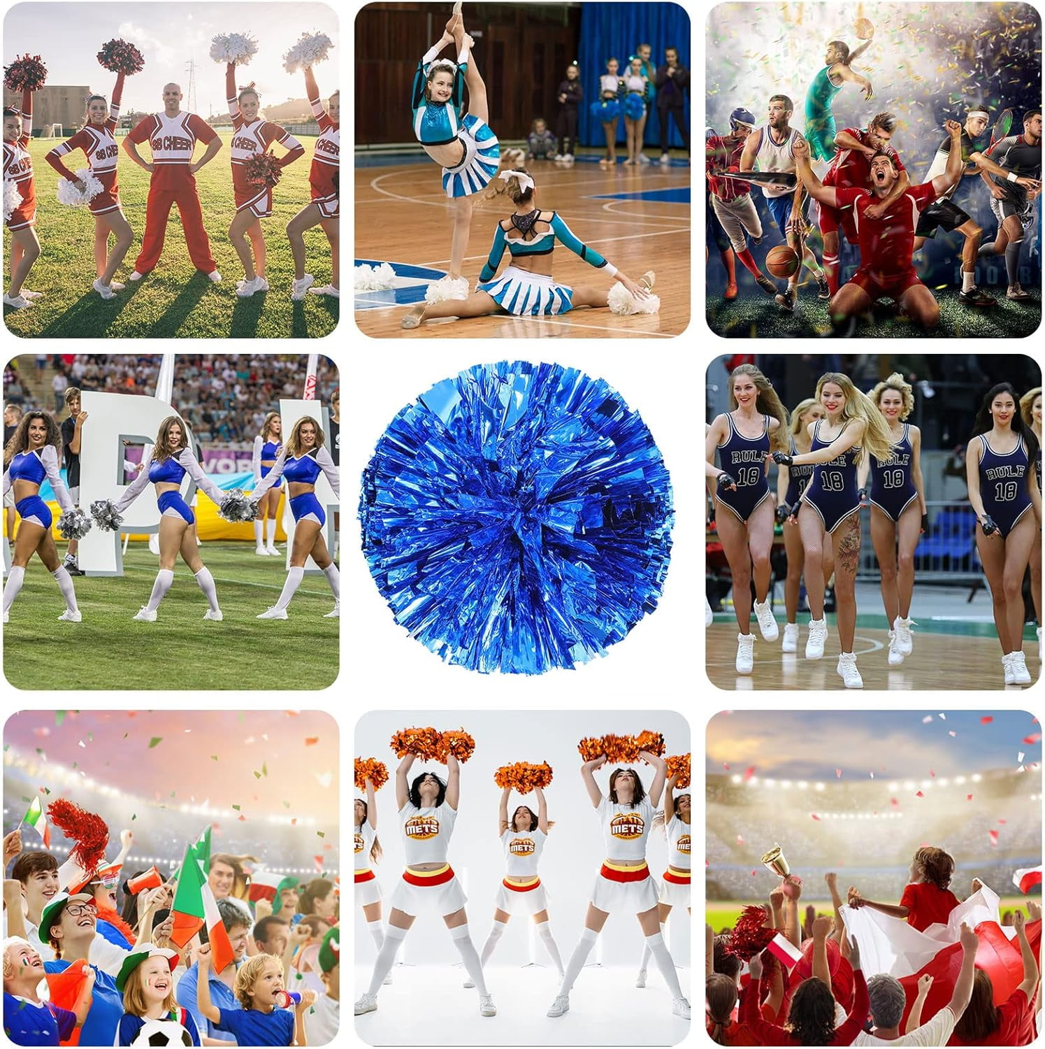 cheer pom pom, 20PCS Cheerleading Pom Poms, Premium Metallic Pom Poms Set Cheering Hand Flowers Handle Dance Pom Poms Cheering Squad Pompoms for Football Basketball Cheers