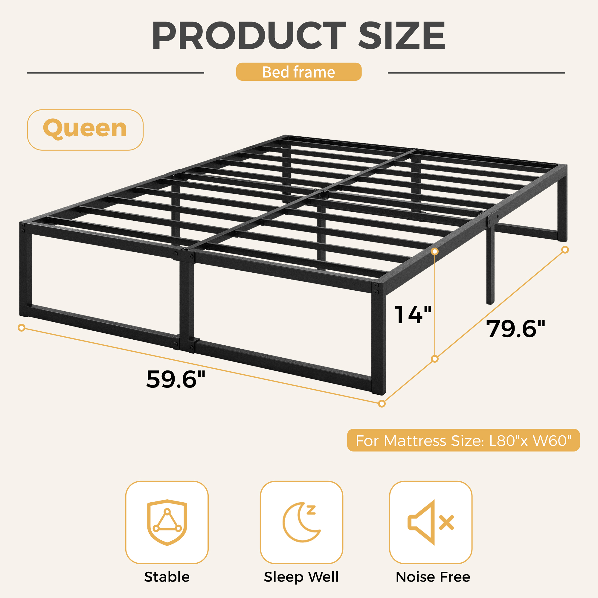 Bedofmine Queen Metal Platform Bed Frame, 14-Inch photo 2