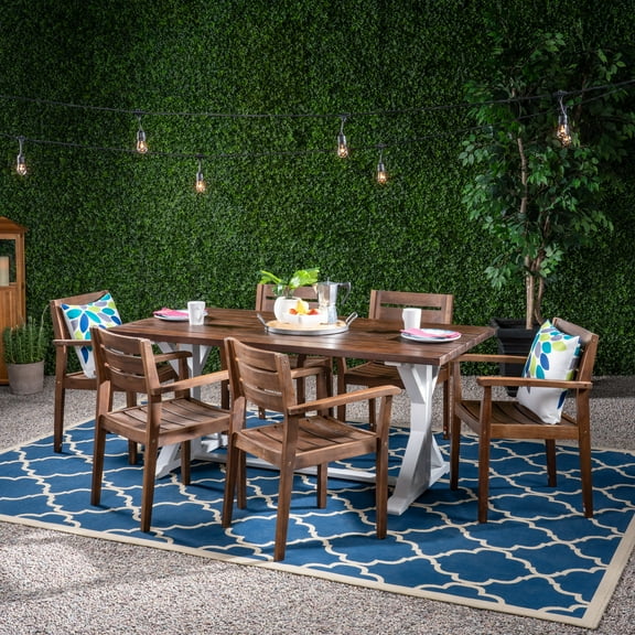 GDF Studio Poway Outdoor Acacia Wood 7 Piece Dining Set, Dark Brown and White