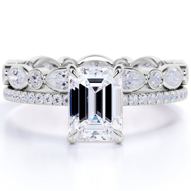 JeenMata Anillo Nupcial de Moissanita de Talla Esmeralda de 2 Quilates Engastado con Banda Infinita en Oro Blanco de 18 K sobre Plata