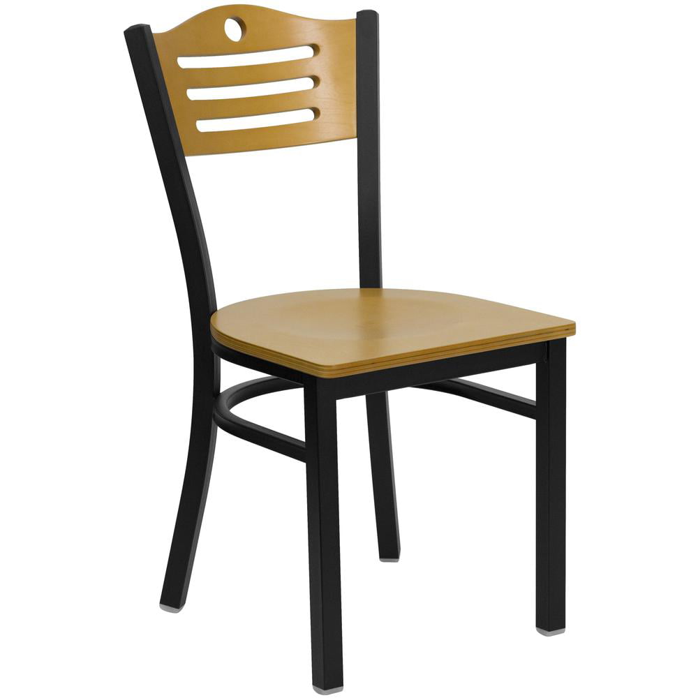 Offex Natural Wood Finished Ladder Back Wooden Restaurant Chair with Black Vinyl Seat 