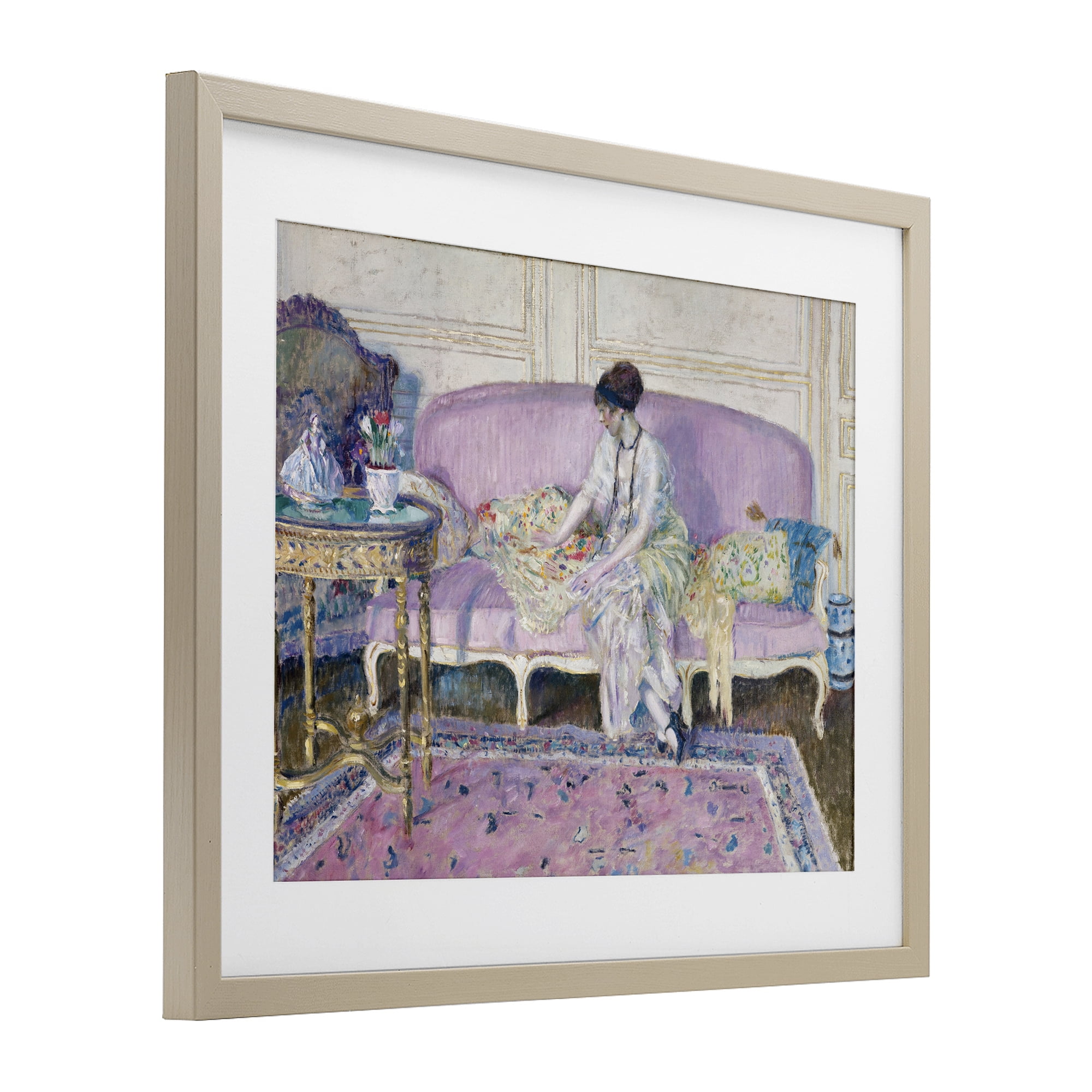 Woman Seated on Sofa Birch Framed Print Under Glass, design by Wild Apple Portfolio