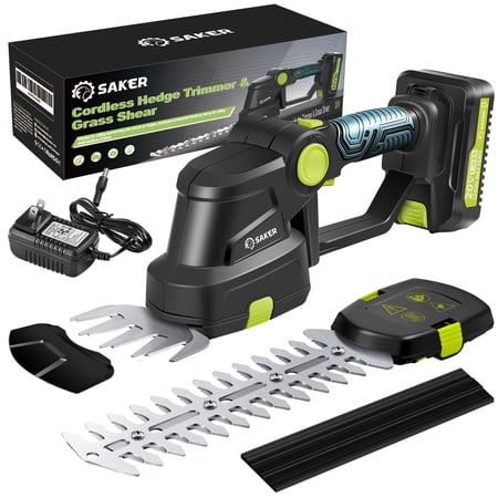 Saker Cordless Hedge Trimmer-20V Electric Shrub Trimmer Grass Shears Handheld Grass Cutter, Hedge Shear with Rechargeable Battery and Charger for Garden, Lawn