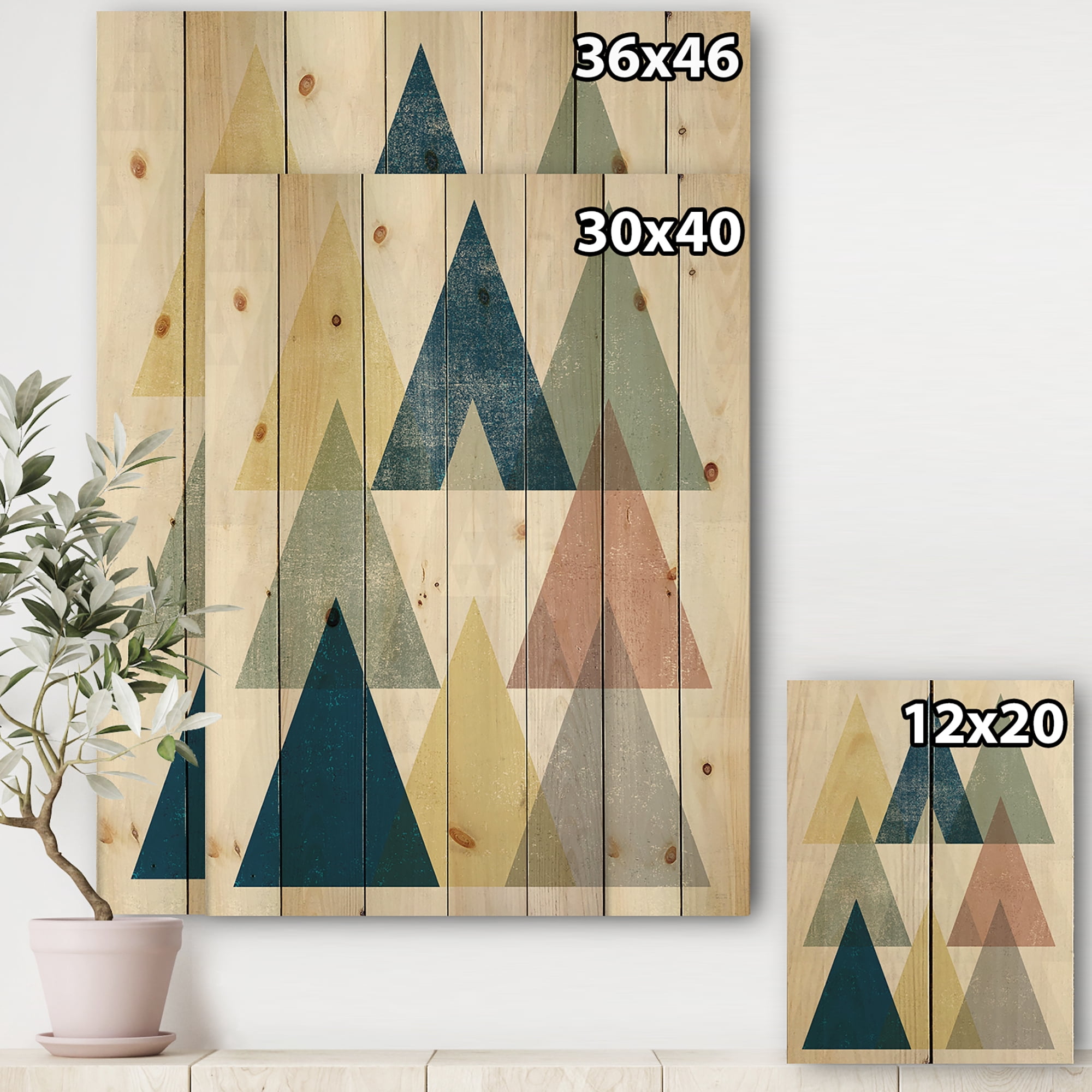 Designart 'Geometrical Composition Triangles II' Modern & Transitional Print on Natural Pine Wood
