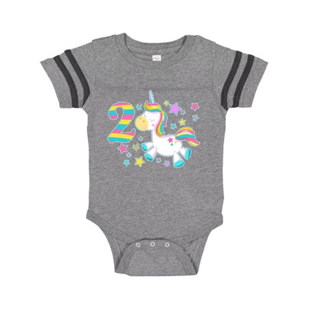 

Inktastic Second Birthday Rainbow Unicorn Plush and Stars Gift Baby Boy or Baby Girl Bodysuit