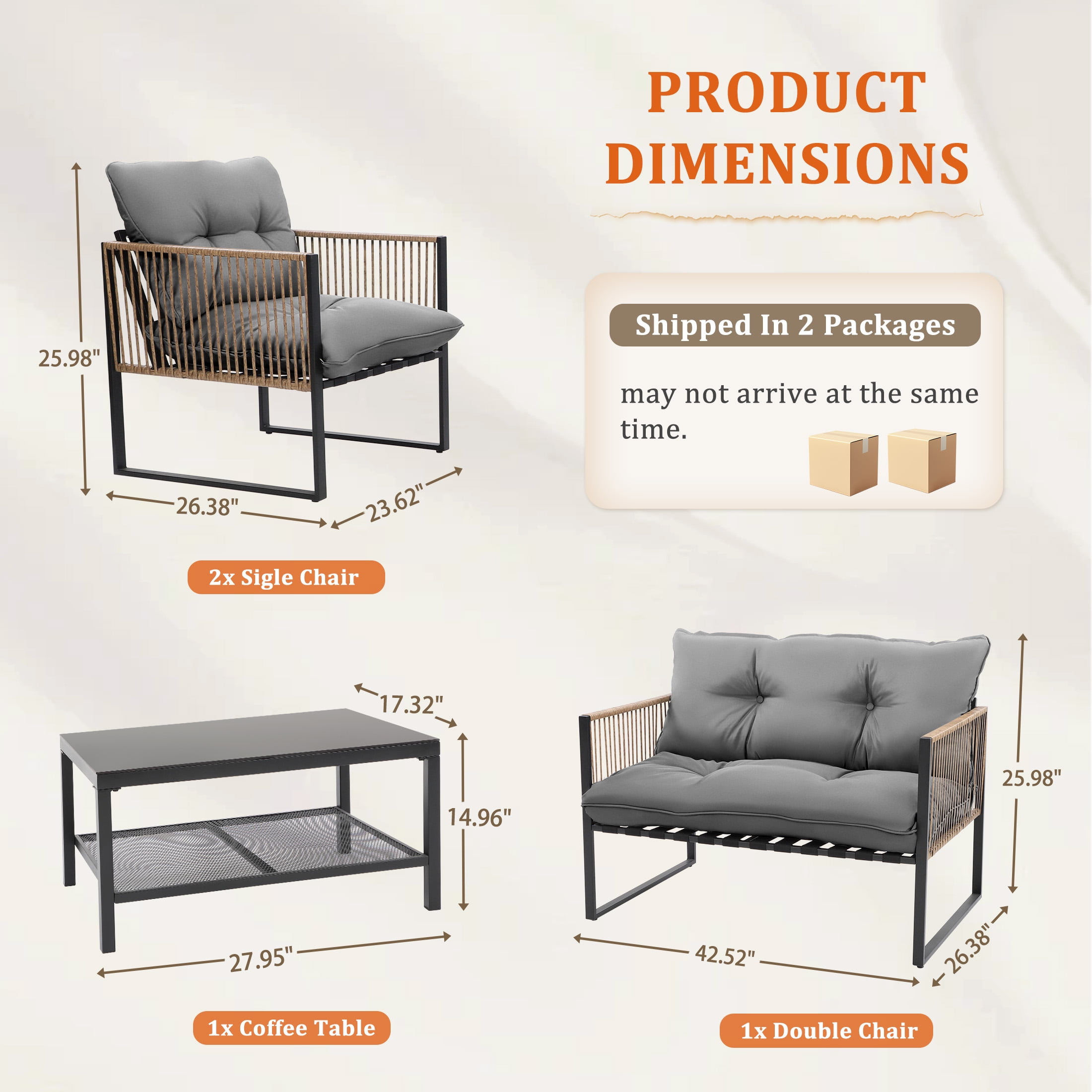 Enyopro 4 Piece Wicker Patio Furniture Set, Outdoor Rattan Conversation Sets, Cushioned Secitional Sofa Sets with 2 Arm Chairs, Love Seat & Tempered Glass Coffee Table, for Patio Garden Deck Backyard