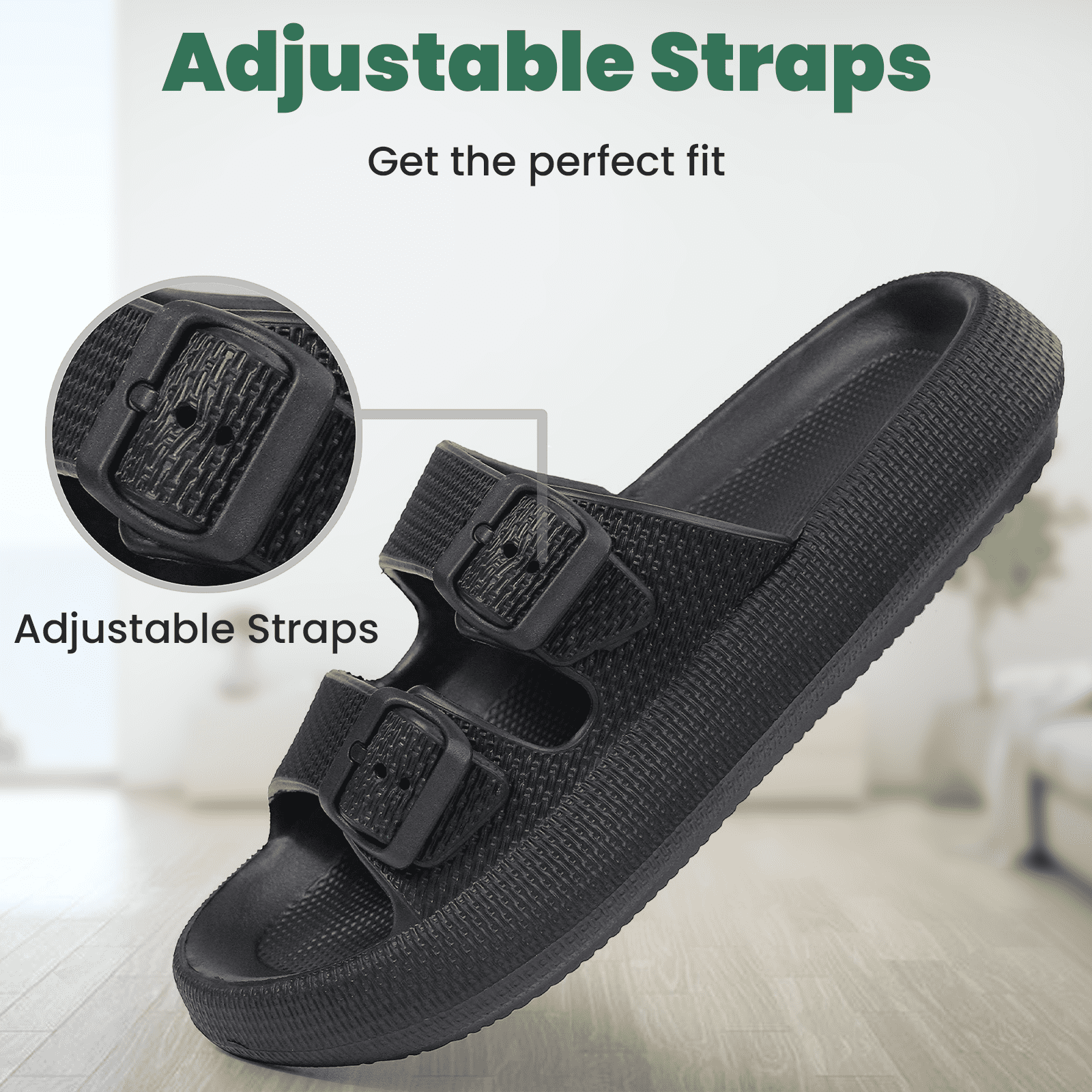 WALL QMER Sandals for Women and Men, Cloud Slides for Women, Women's Comfort Slides Double Buckle Adjustable EVA Flat Sandals, Black