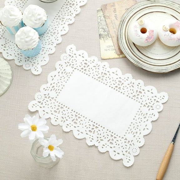 Efavormart 100 Pack Rectangle White Paper Doilies, Food Grade Lace Paper Placemats - 10"L X 7"W