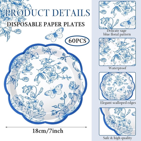 YUYAN-120 Pcs Floral Paper Plates and Napkins Bulk Disposable Napkin 2-ply Scalloped Paper Plates Dinnerware Sets for Wedding Baby Shower Birthday Party Decorations (Blue)