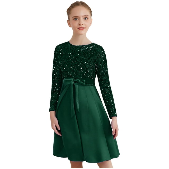 Rswnyirn Robe de Fête à Paillettes pour Filles Formelle Anniversaire Concours Scintillante Chic Bal Manches Longues Robes de Princesse Vert 4