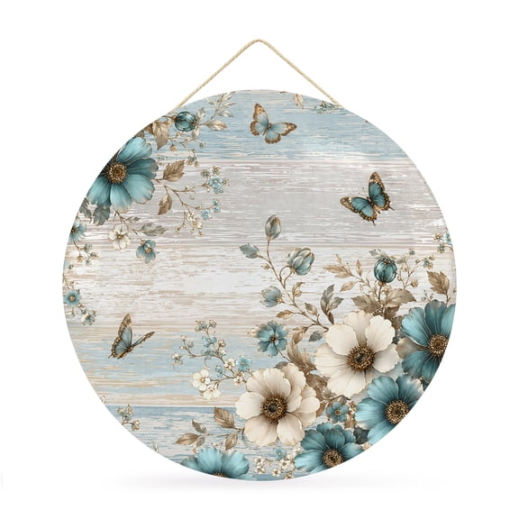Welcome Sign for Front Door, Farmhouse Teal Tulips Round Metal Wall Art Wreaths, Blue Grey Butterflies Retro Floral Outdoor Indoor Wall Hanging Sign for Porch Decor Housewarming Gifts 11.8 Inch