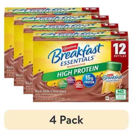 (4 pack) Carnation, Breakfast Essentials High Protein Rich Milk Chocolate 12-8 fl. oz. Bottles