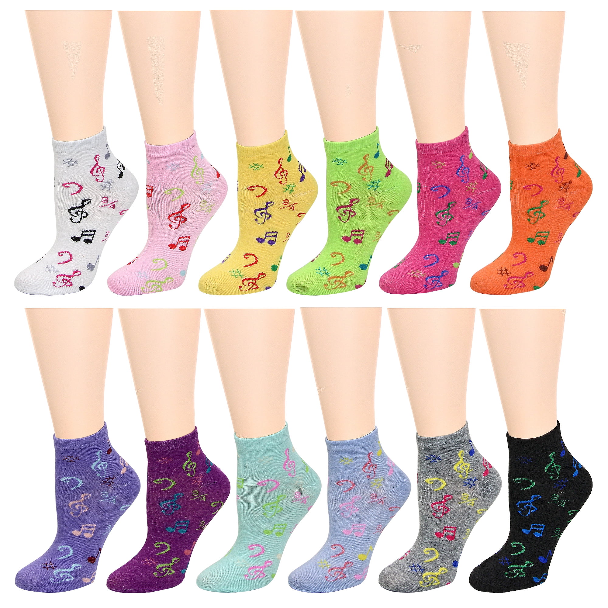 12 Pairs Assorted Colors Women's Ankle Socks Size 911 Musical Notes