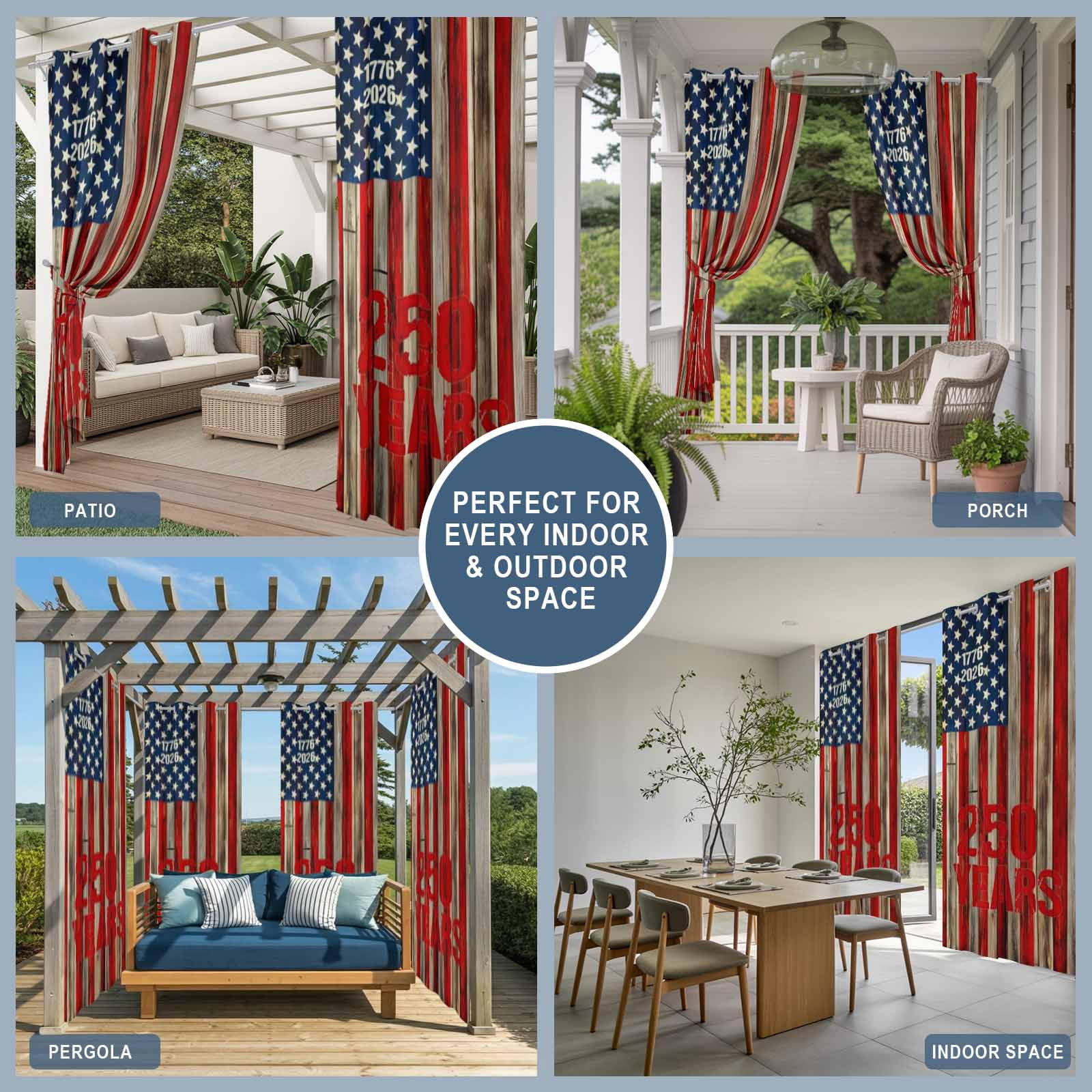 America Years Outdoor Curtains for Patio, Independence Day Patriotic Red Blue Flag Wood Grain Sunshade Privacy Drapes Grommet Waterproof Outside Curtains for Porch/Cabana/Balcony 54"x 108", 1 Panel