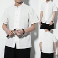 thumbnail image 1 of Koszal Men Solid Color Stand Collar Short Sleeve Loose Shirt Chinese Style Tang Suit, 1 of 7